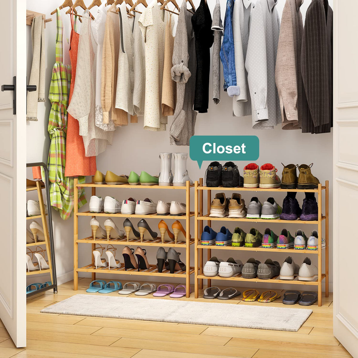 Viewcare bamboo shoe rack stacks neatly for larger entryways and closets.