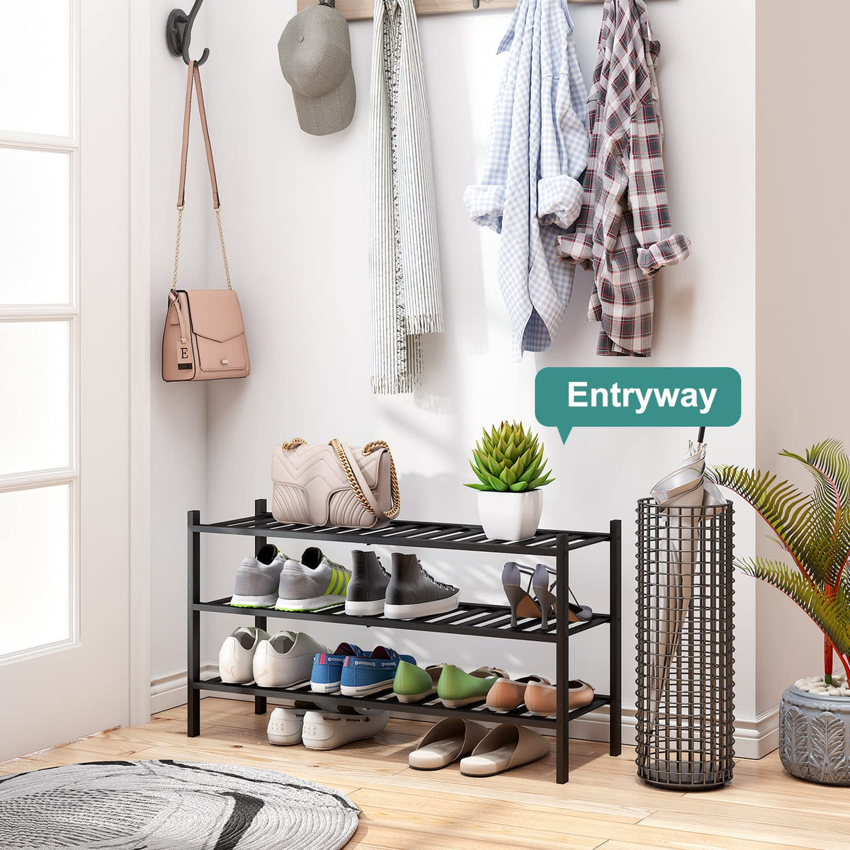 Viewcare bamboo shoe rack top view highlights compact footprint for tight spaces