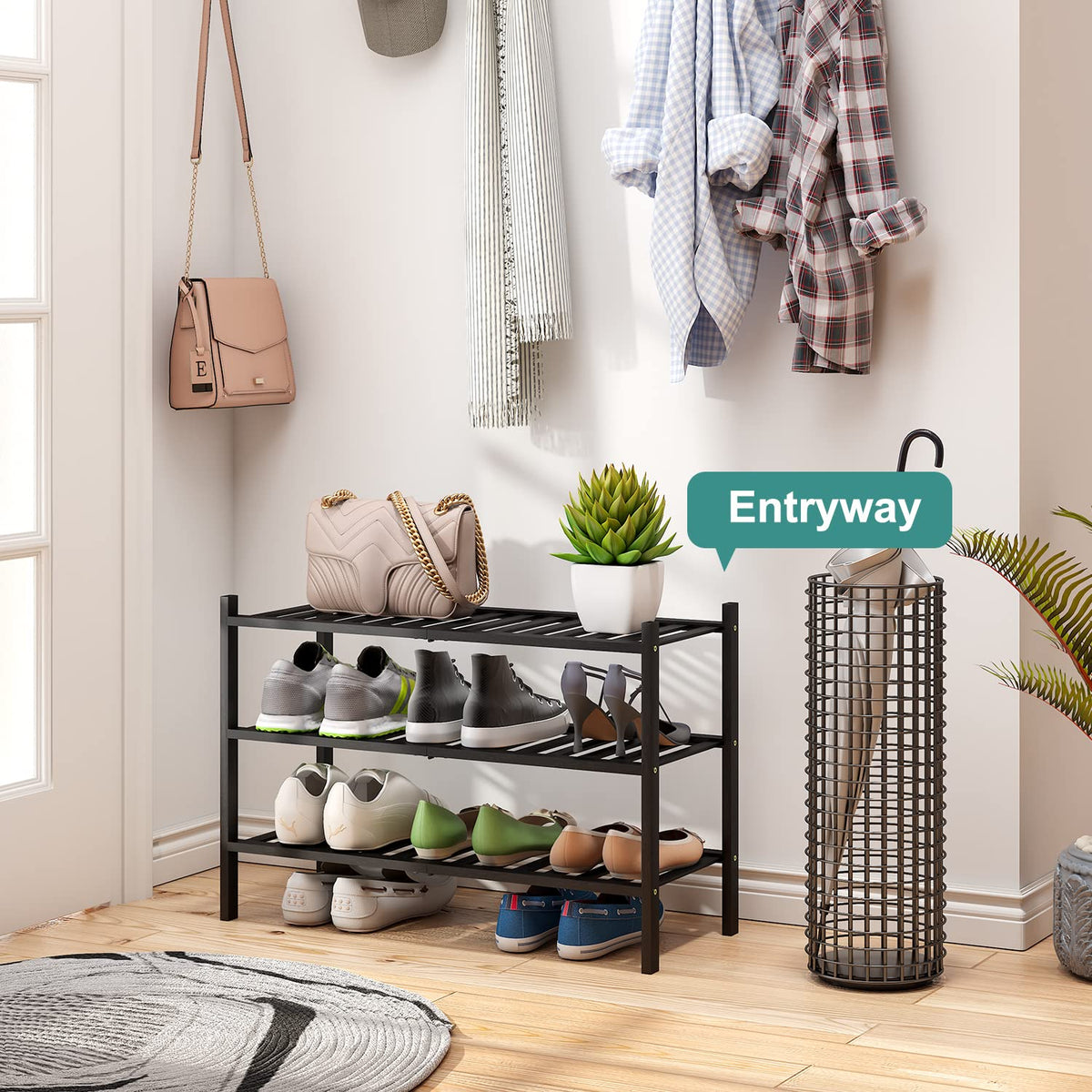 Viewcare free-standing entryway organizer keeps shoes neatly by the door.