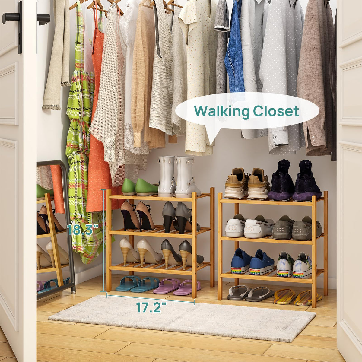 Viewcare shoe rack with removable row adapts to different shoe sizes.