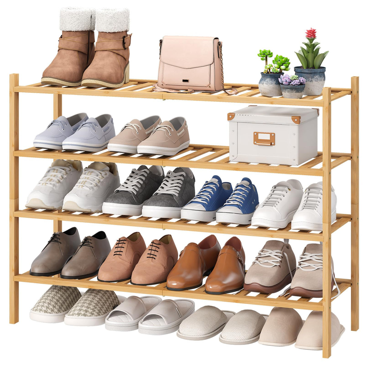 Viewcare 4-tier long bamboo shoe rack in entryway, organizing 33in storage space.