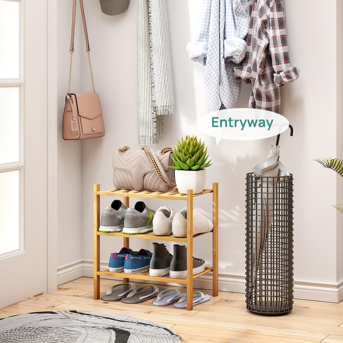 Viewcare bamboo shoe rack stacked to save space in hallway.