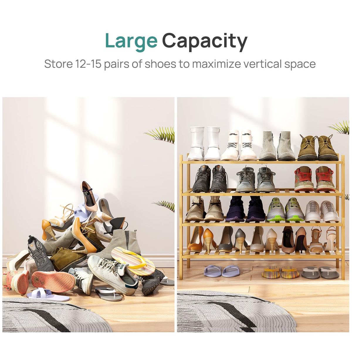 Viewcare stackable shoe rack demonstrates flexible height to fit boots.