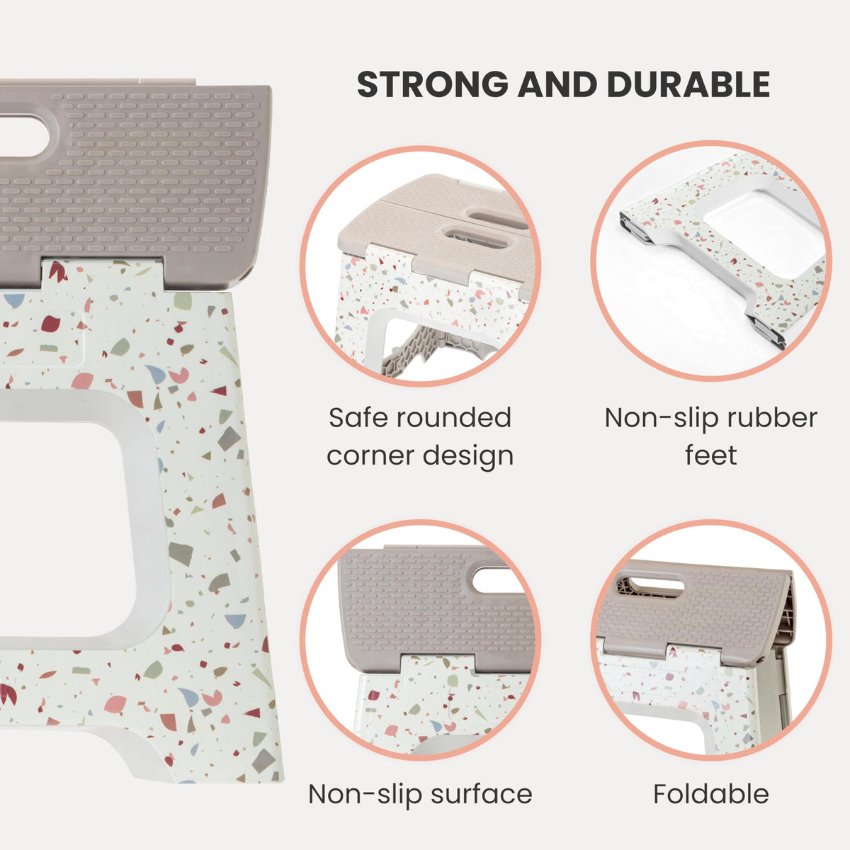 Vigar grey terrazzo pattern stool fits tight spaces between appliances
