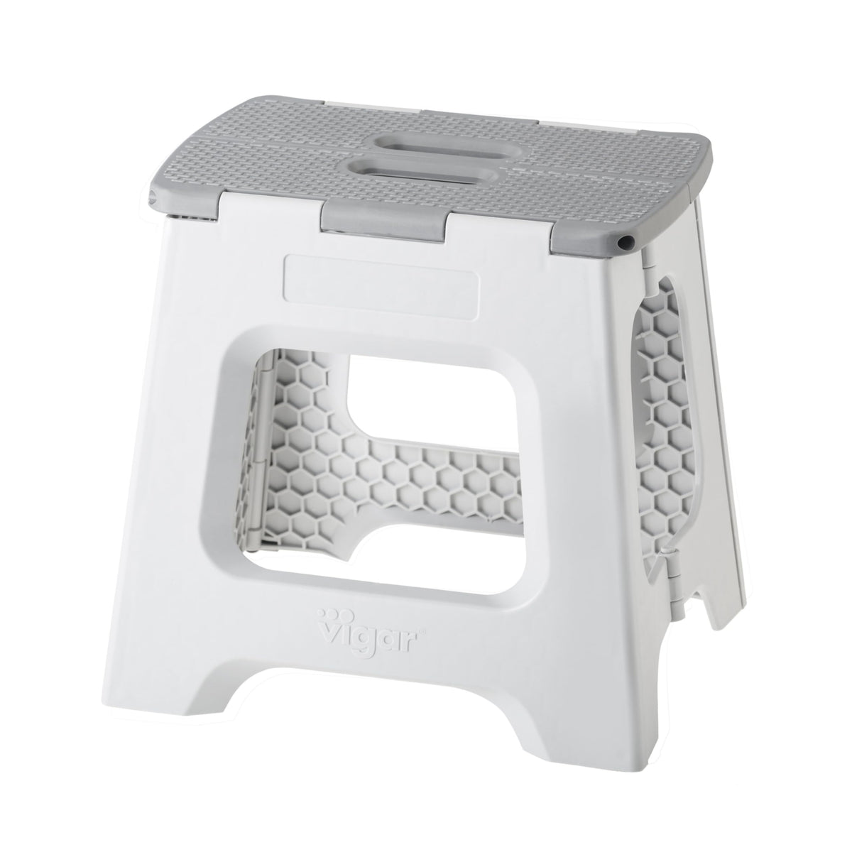 Vigar compact folding stool closed, space-saving storage beside cabinets
