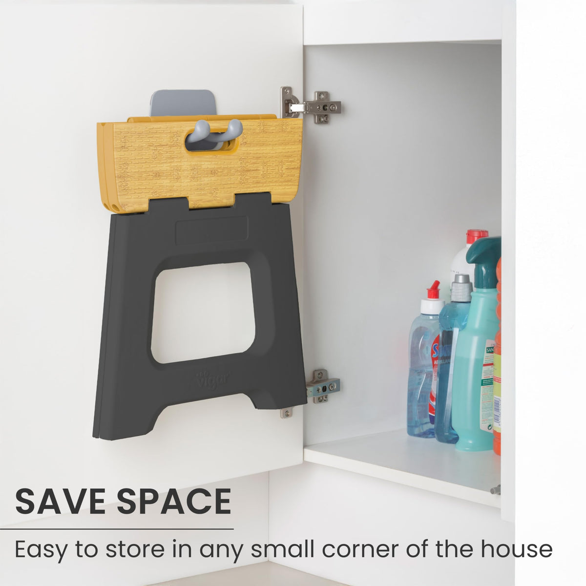 Vigar Space-saving stool fits between appliances and behind doors.