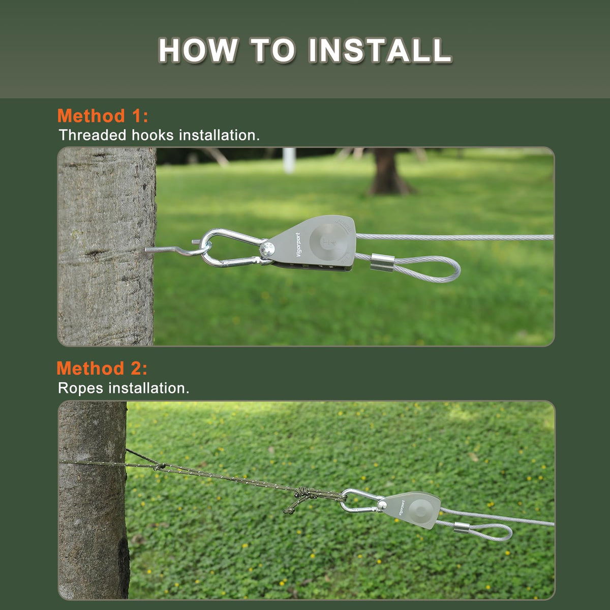 Vigorport heavy-duty rope pulley system with steel wire and carabiners, durable for outdoor use.