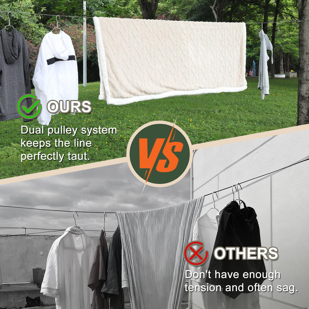 Vigorport portable travel clothesline setup with extensions, ideal for camping and RV packing.