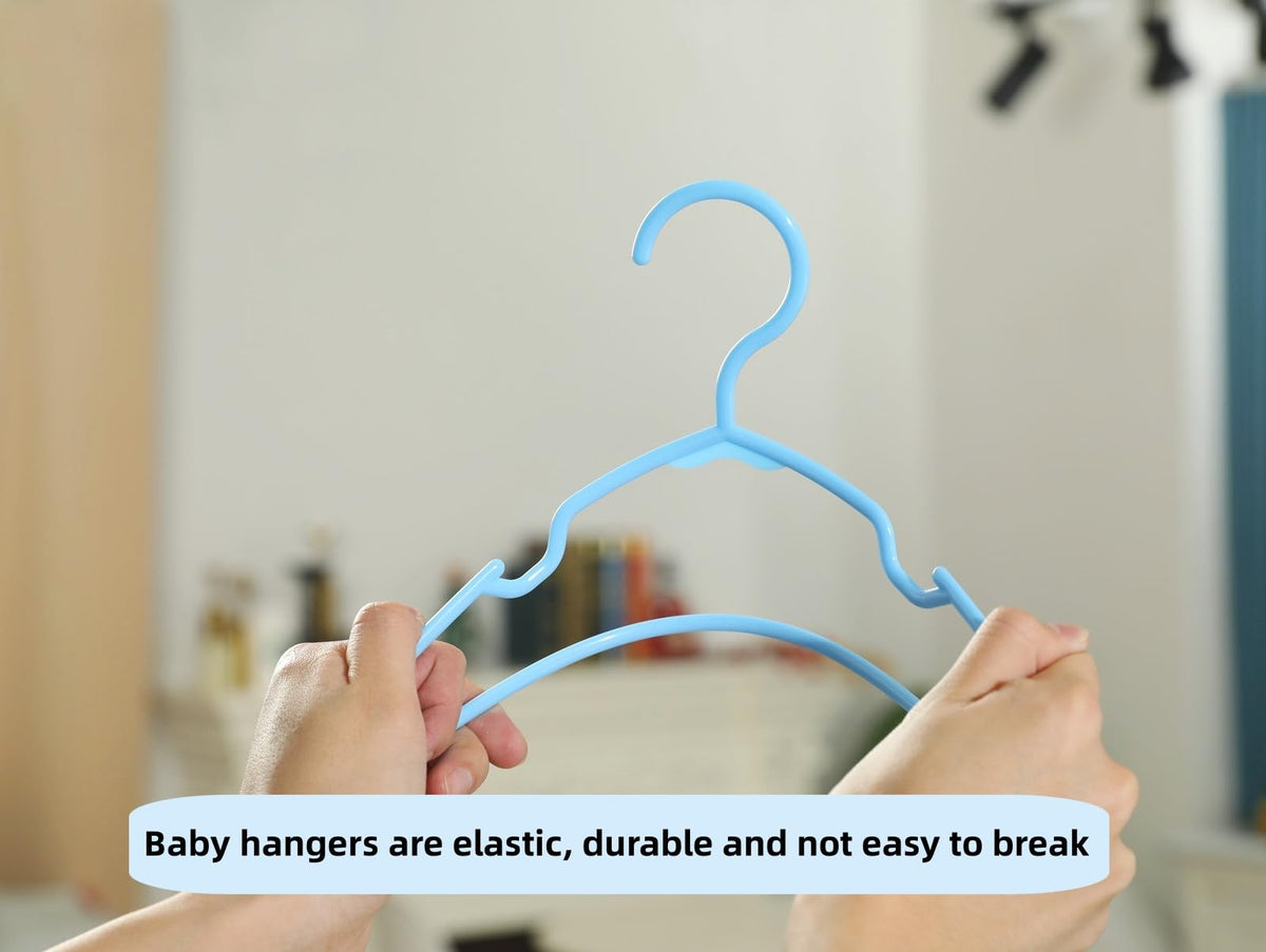 Ultra-thin plastic hangers save closet space for kid outfits.