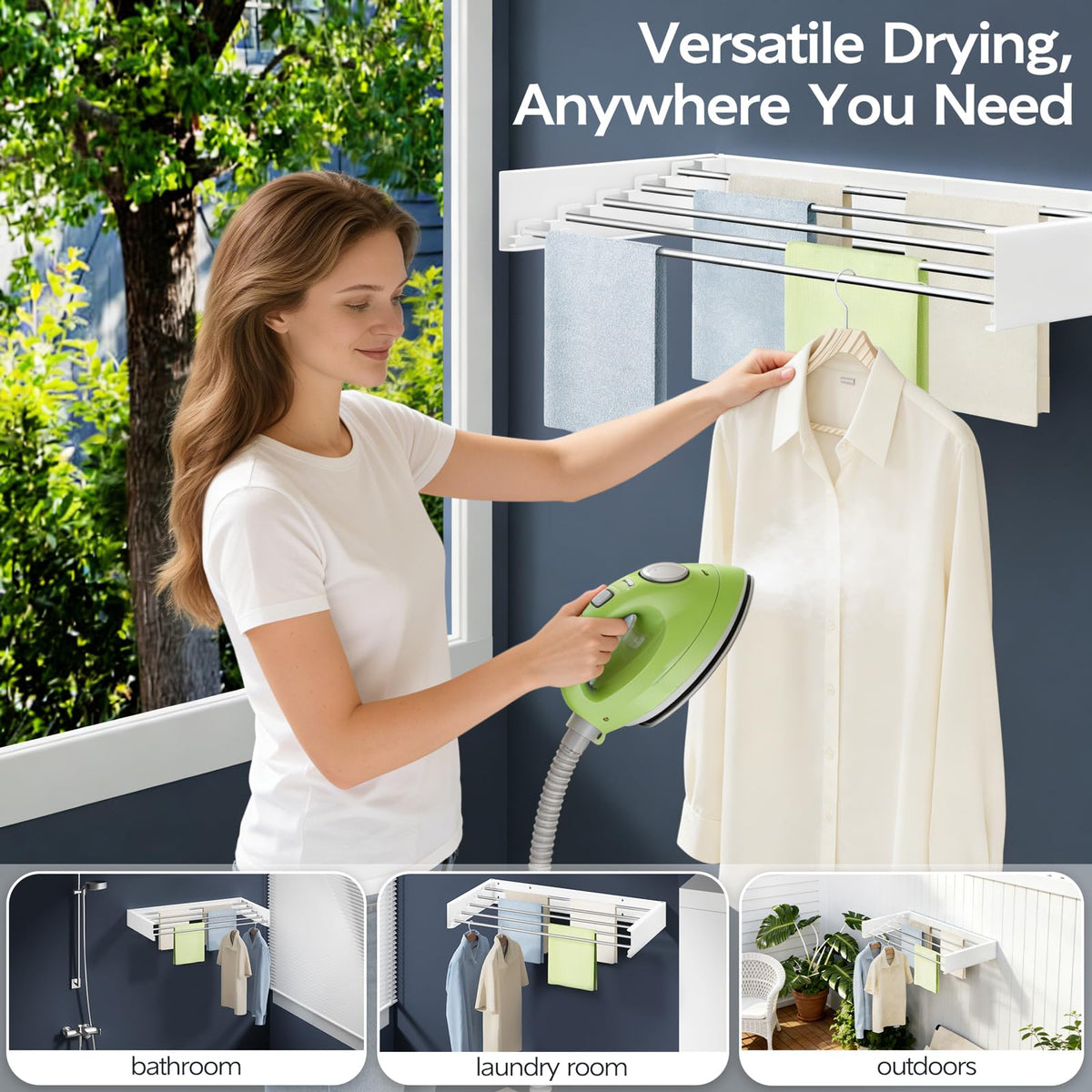 Vikaqi rack folded flat against wall for space-saving laundry organization