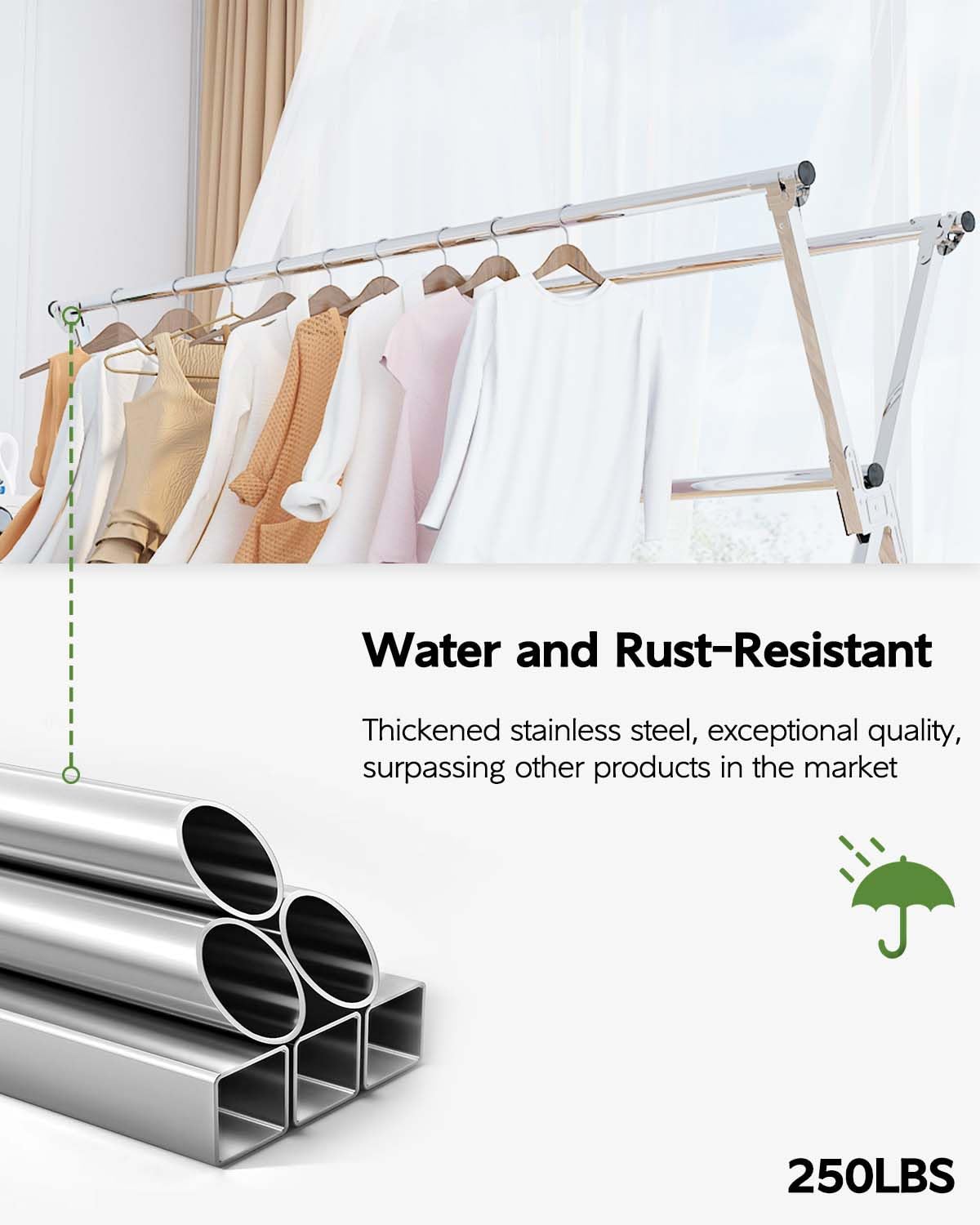 Vikaqi rustproof drying rack supports outdoor use and year-round drying.