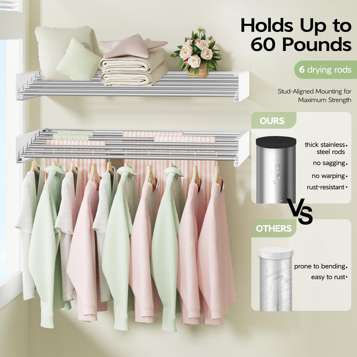 Vikaqi stainless-steel six-rod rack resists bending while handling towels and garments