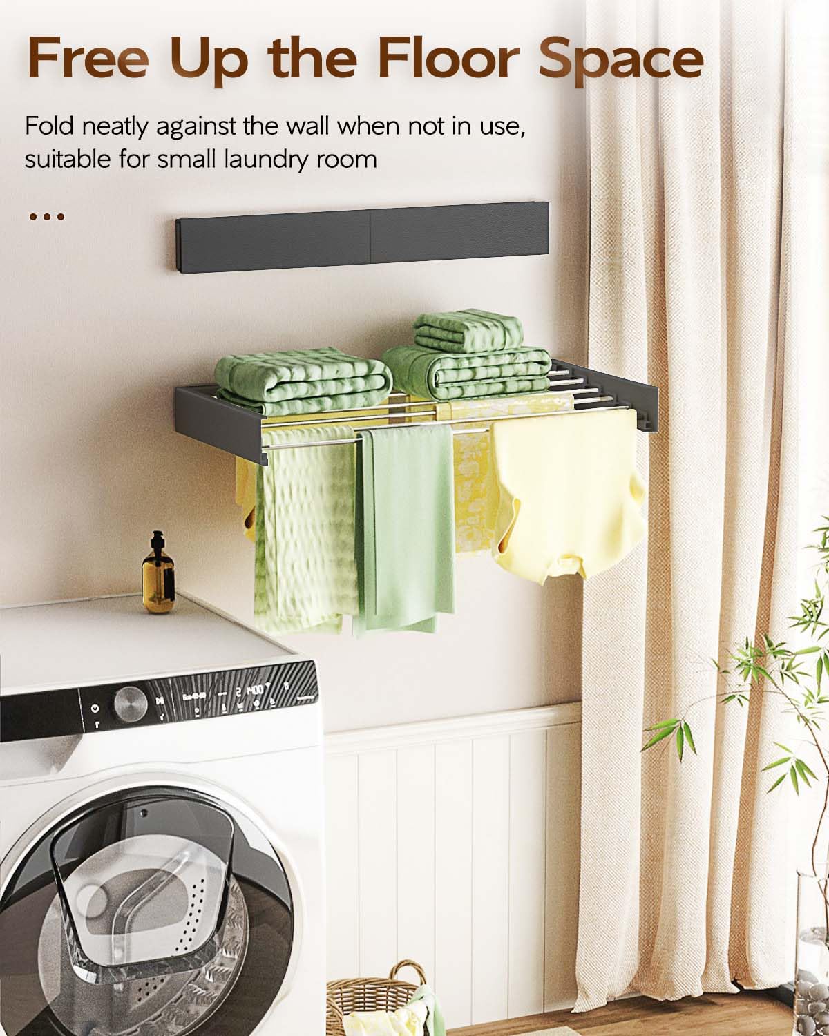 Vikaqi wall-mounted drying rack folded against the wall saves floor space