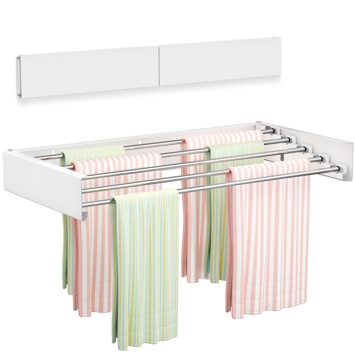 Vikaqi wall-mounted drying rack folded against the wall saves floor space.
