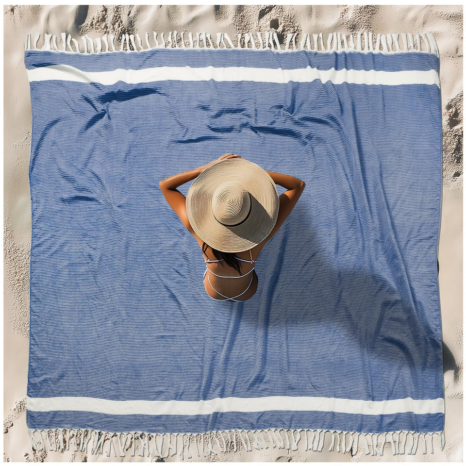 Vikumond oversized Turkish beach towel blanket in blue, extra-large for family outings.