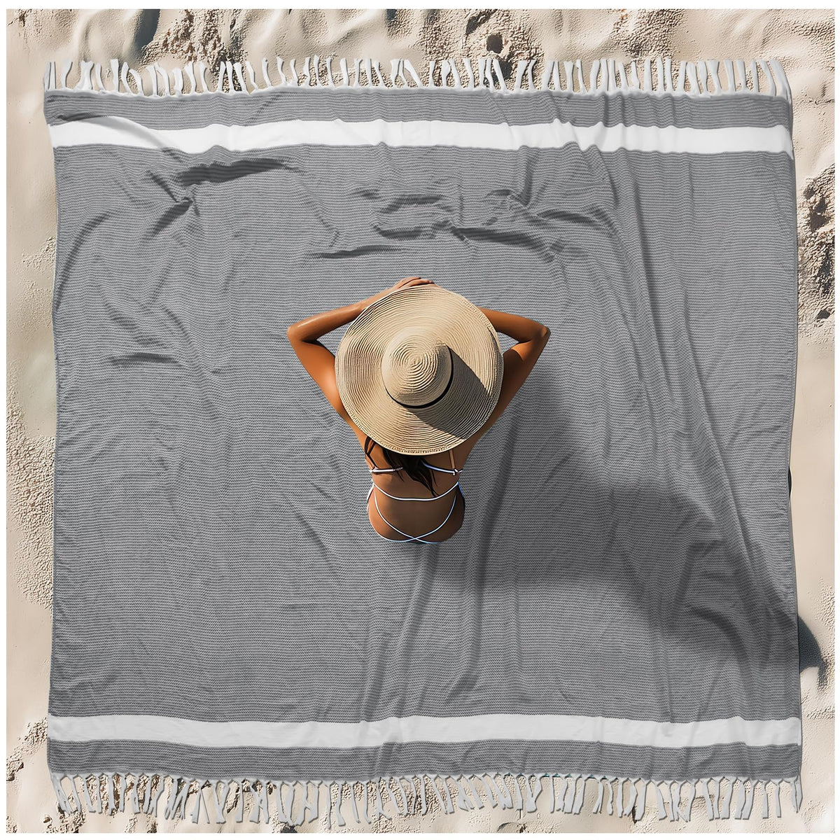 Vikumond oversized Turkish beach towel blanket folded, travel ready and compact for packing.
