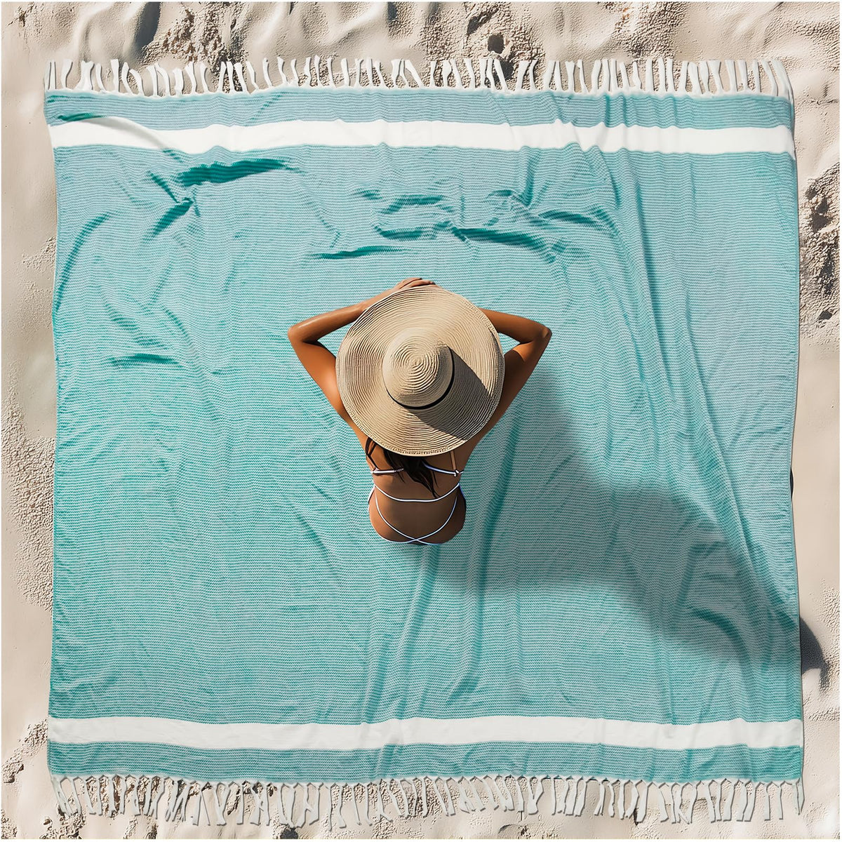 Vikumond oversized Turkish beach towel blanket with fringes, ideal for family lounging