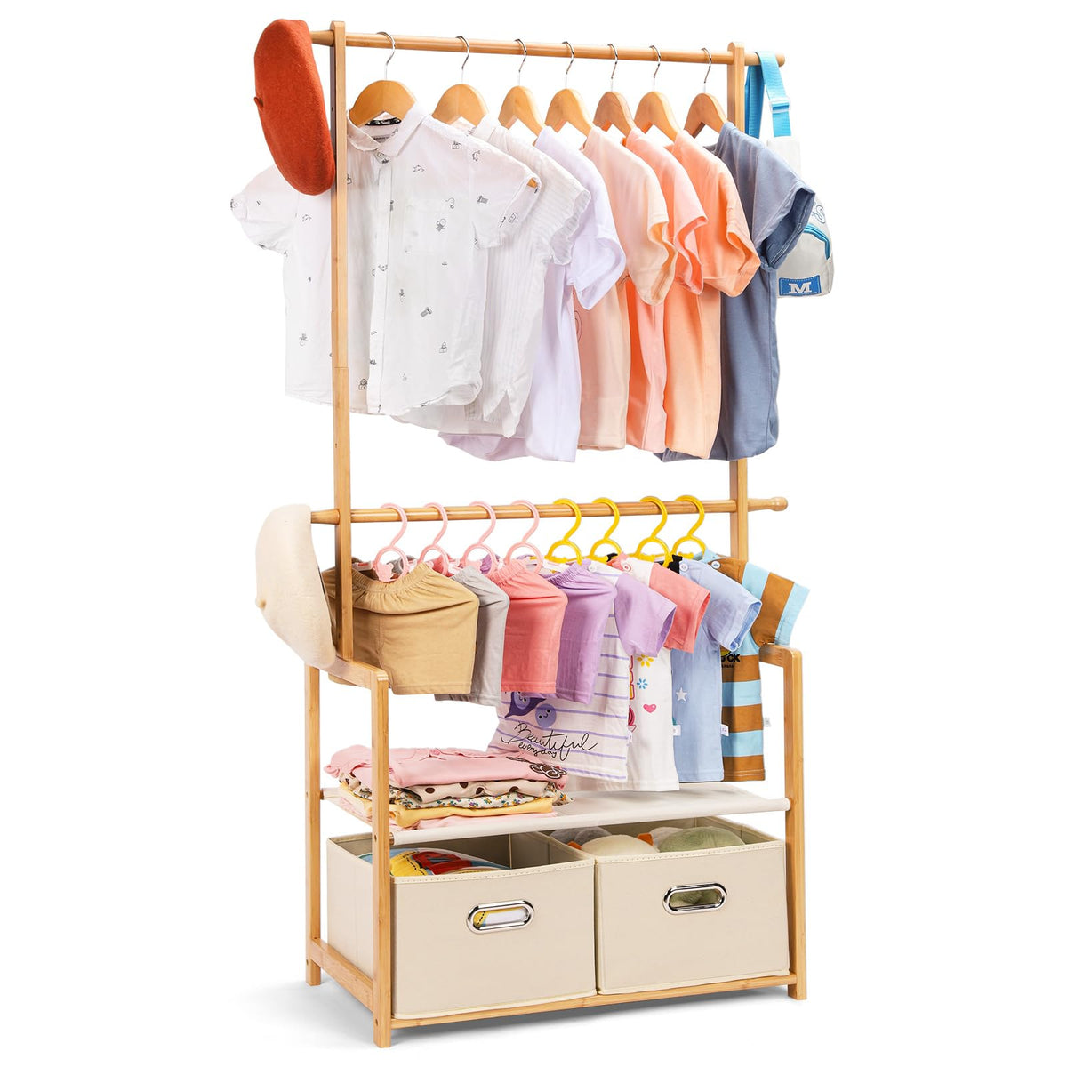 Vilaxing kids clothing rack bamboo with two baskets for organized storage.