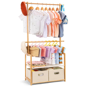 Vilaxing kids clothing rack bamboo with two baskets for organized storage.