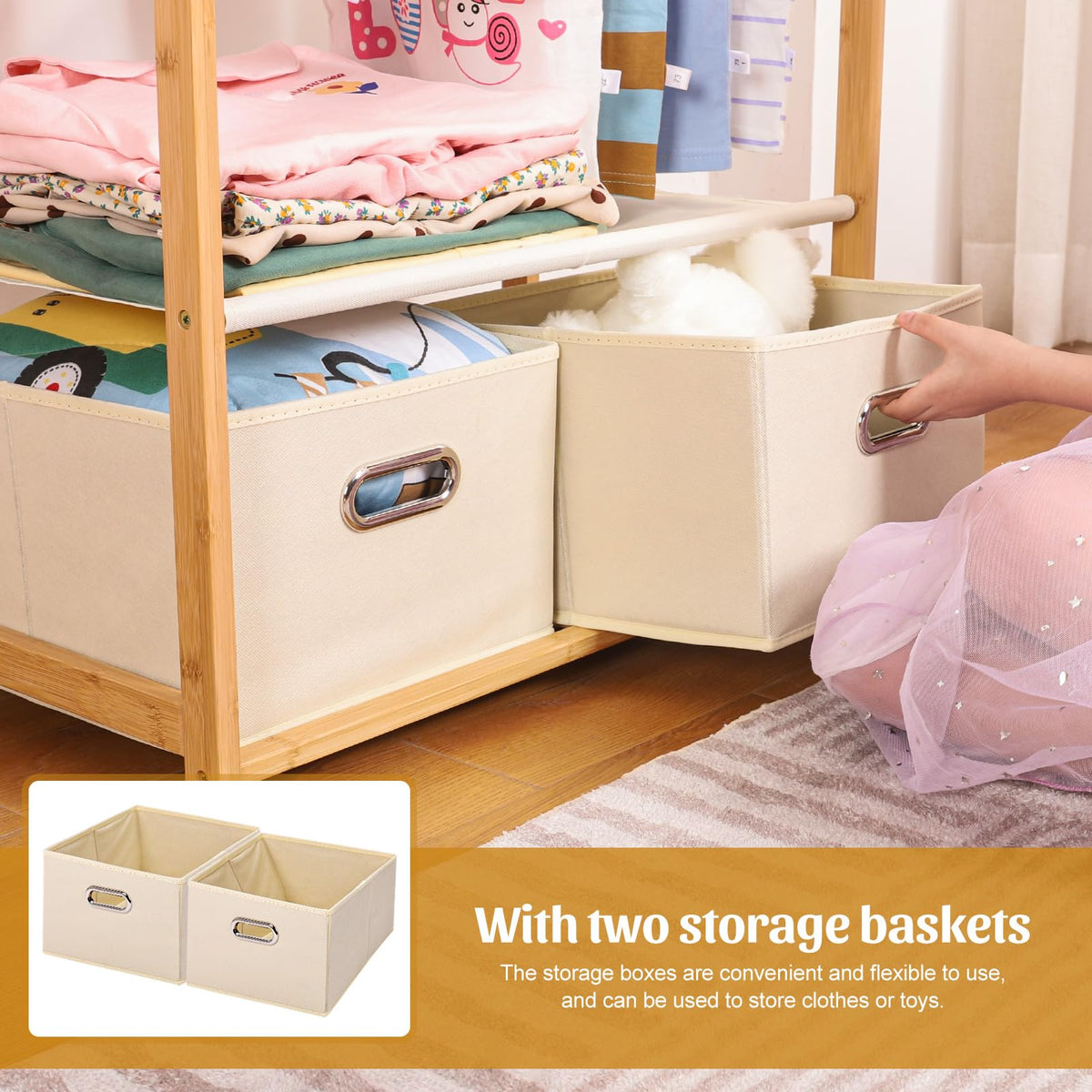 Vilaxing rack bottom shelf stores children's shoes and small items.