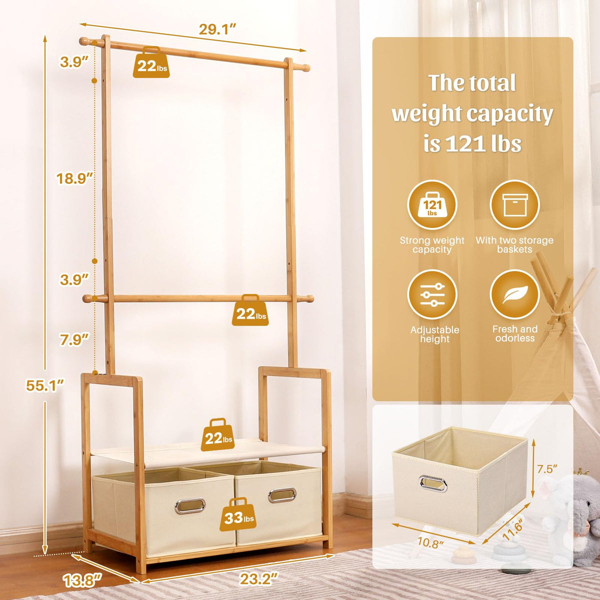 Vilaxing rack supports up to 121 lbs of clothing and toys.