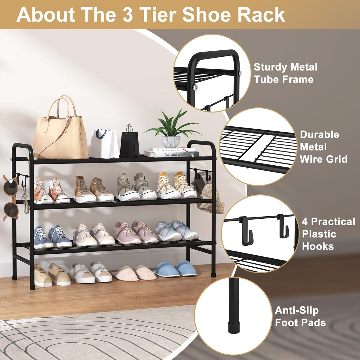 VILICK 3-Tier Shoe Rack bottom storage ideal for flats and slippers.