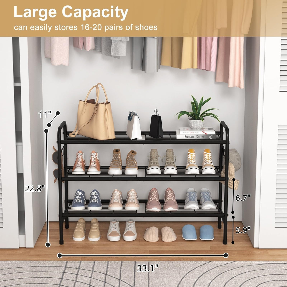 VILICK 3-Tier Shoe Rack interior storage with multiple shelves for shoes.