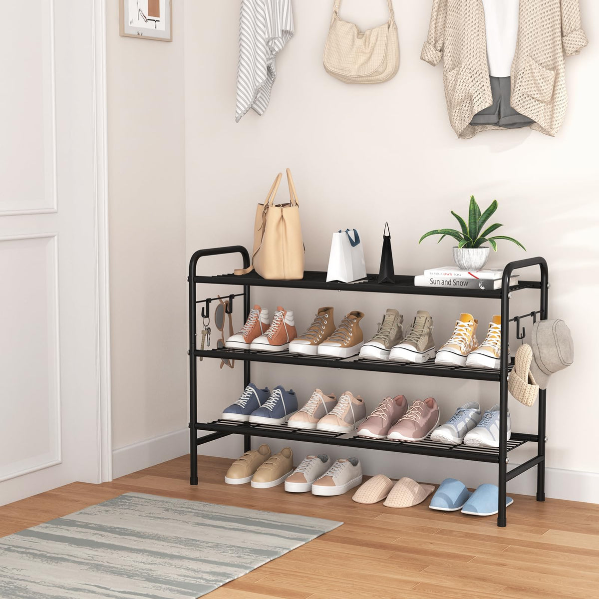 VILICK 3-Tier Shoe Rack side hooks show extra space for accessories.