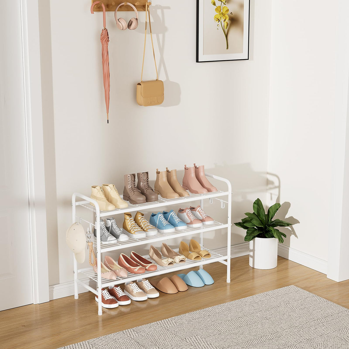 VILICK shoe rack side hooks demonstrate extra hanging space for keys and umbrellas