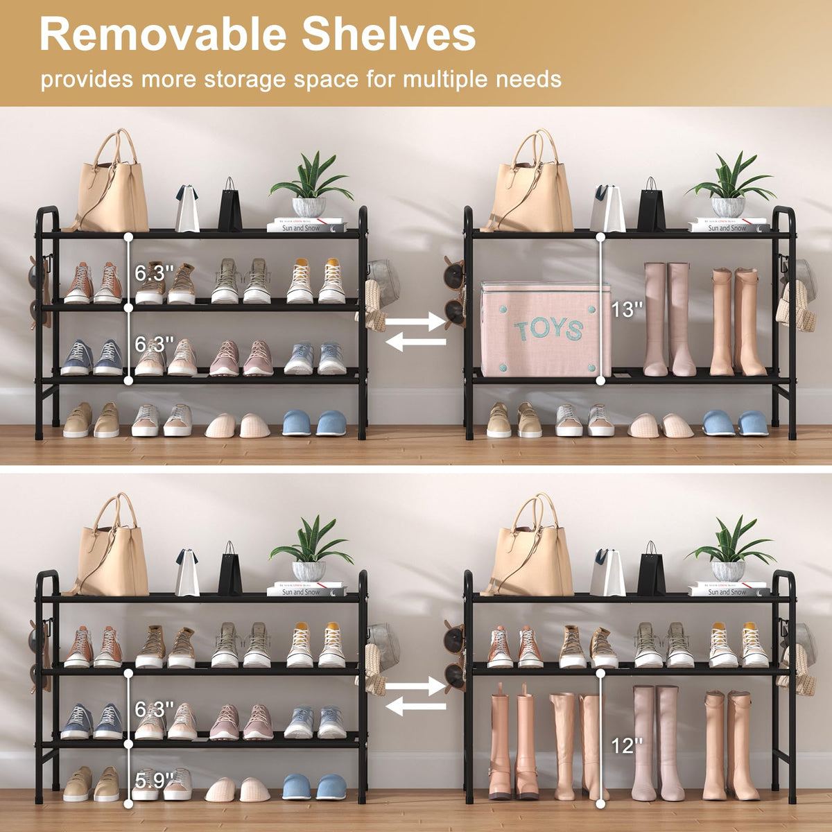 VILICK 3-Tier Shoe Rack side rails for hanging heels and items.