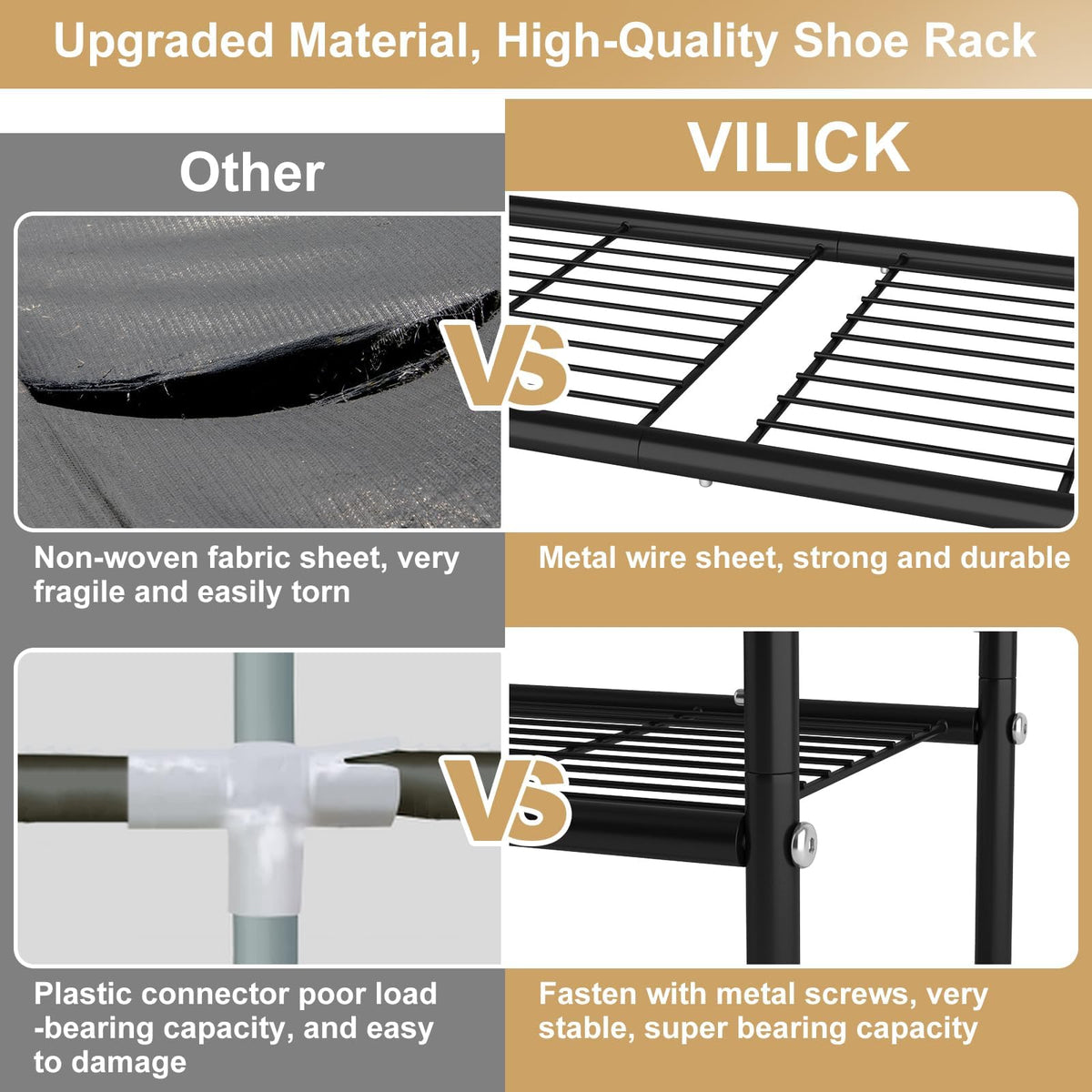 VILICK 4-Tier Shoe Rack side hooks show extra storage for keys and bags