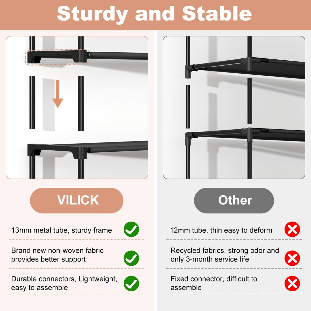 VILICK 5 Tier Shoe Rack assembly process shown for quick setup.