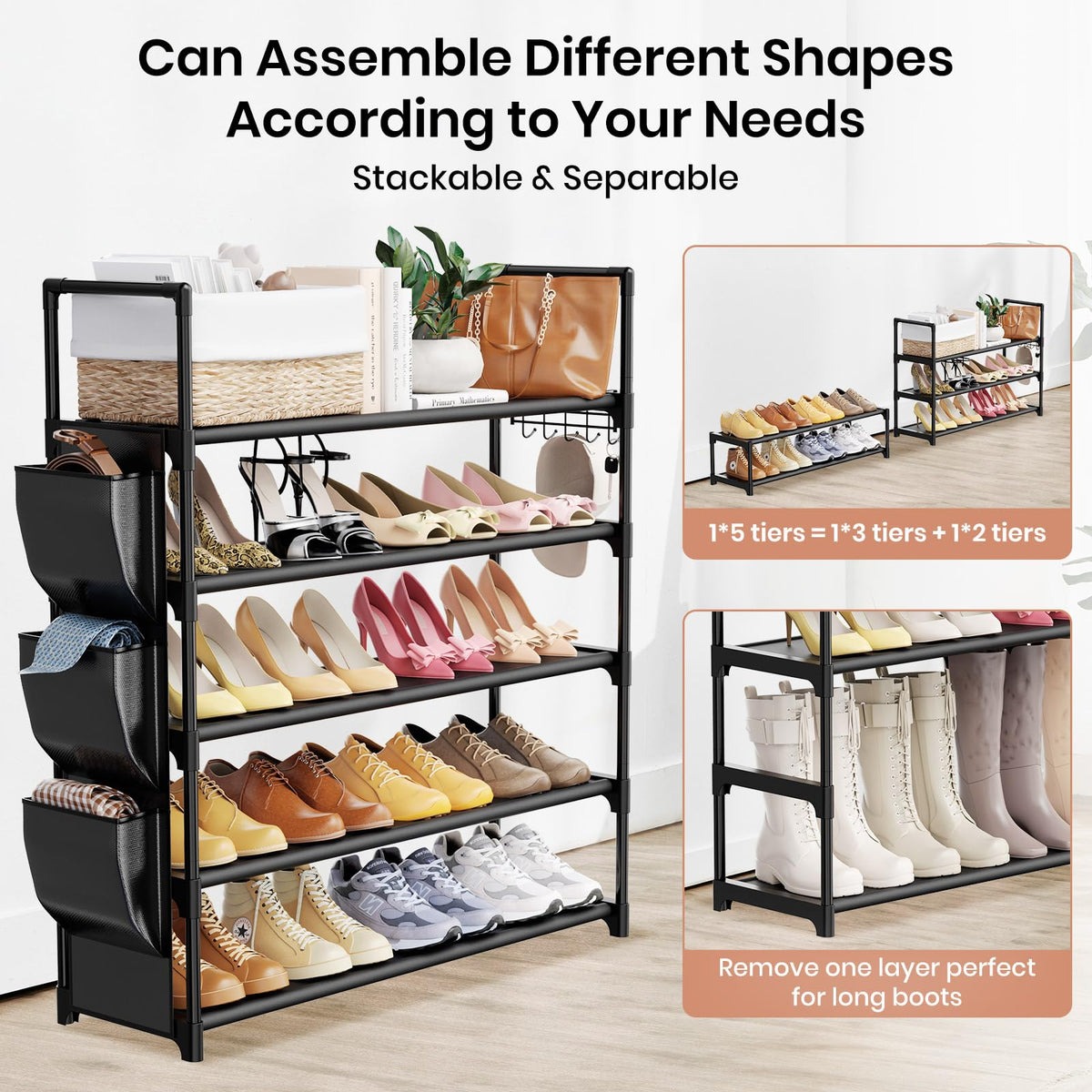 VILICK 5 Tier Shoe Rack demonstrates stackable design and adjustable height.