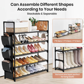 VILICK 5 Tier Shoe Rack demonstrates stackable design and adjustable height.