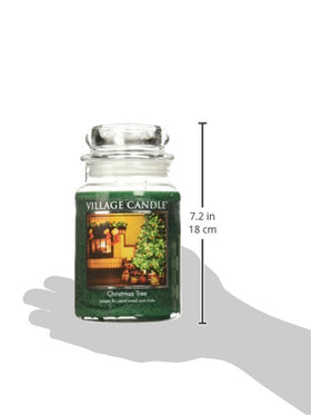Village Candle 26oz Christmas Tree jar highlights long burn time.