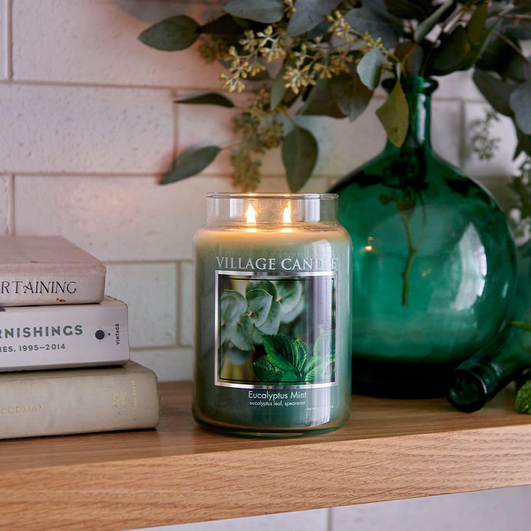 Village Candle apothecary jar in green glass on a mantel highlighting calm fragrance