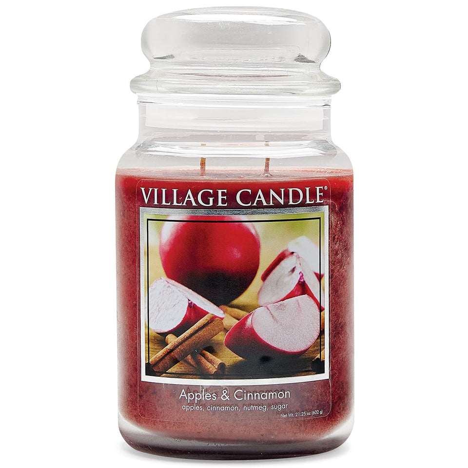 Village Candle Apples & Cinnamon large apothecary jar front view for cozy autumn ambiance