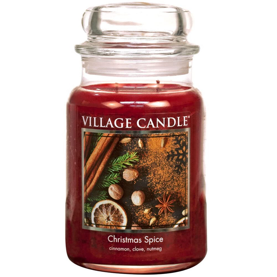 Village Candle Christmas Spice red jar close-up showing rich color and inviting aroma.