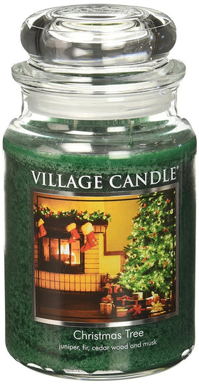 Village Candle Christmas Tree jar with dual-wick setup for clean, even burn.