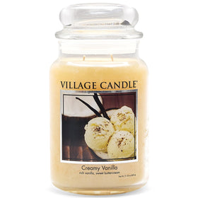 Village Candle Creamy Vanilla large glass apothecary jar front, inviting warm ambiance