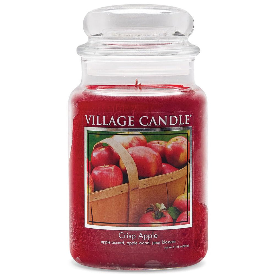 Village Candle Crisp Apple large glass apothecary jar with inviting fragrance.