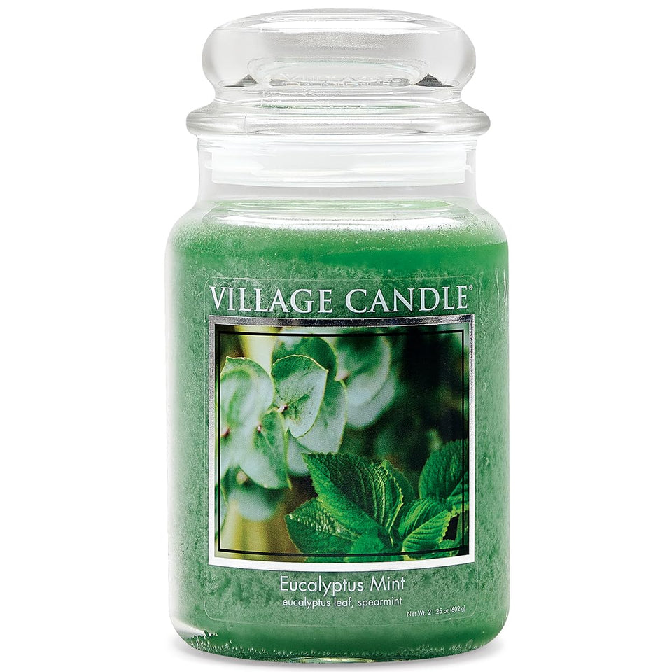 Village Candle eucalyptus mint jar closeup in vibrant green glass for a fresh ambiance