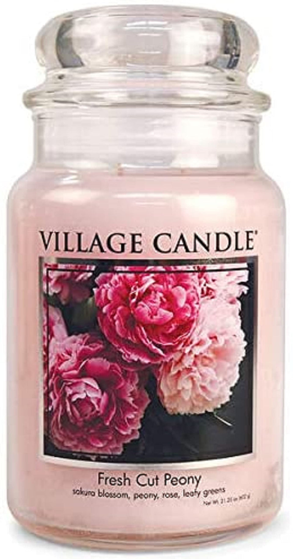 Village Candle Fresh Cut Peony jar front view—soft pink glass and long-lasting fragrance