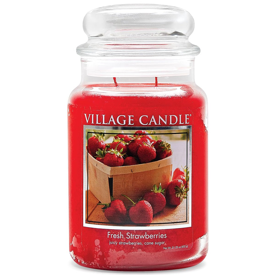 Village Candle Fresh Strawberries 26 oz jar, front view, fills rooms with bright berry aroma.