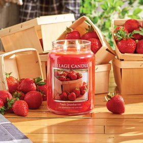 Village Candle Fresh Strawberries 26 oz jar, side view, steady burn and even fragrance release.