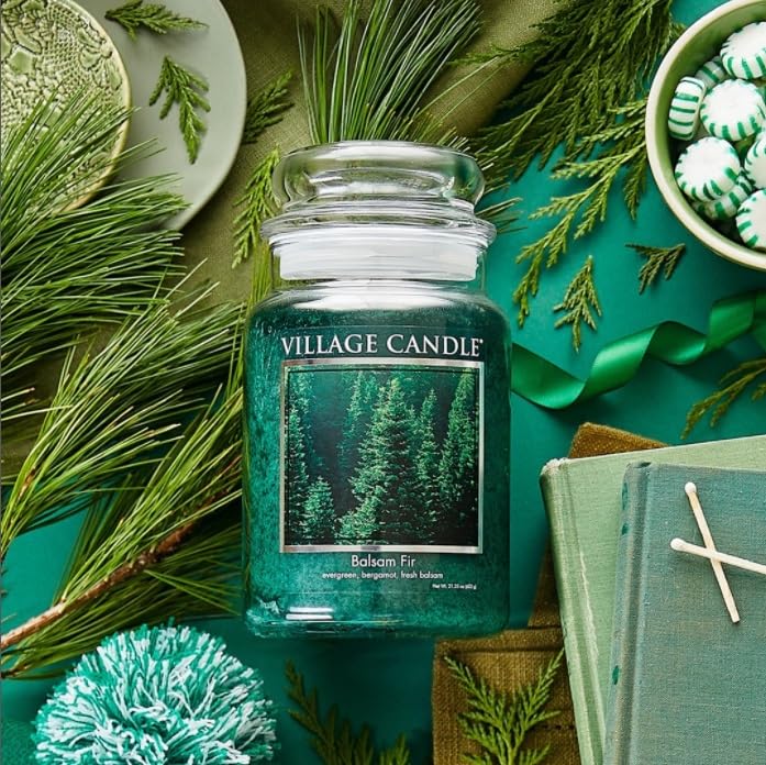 Village Candle green apothecary jar closeup highlights color and design