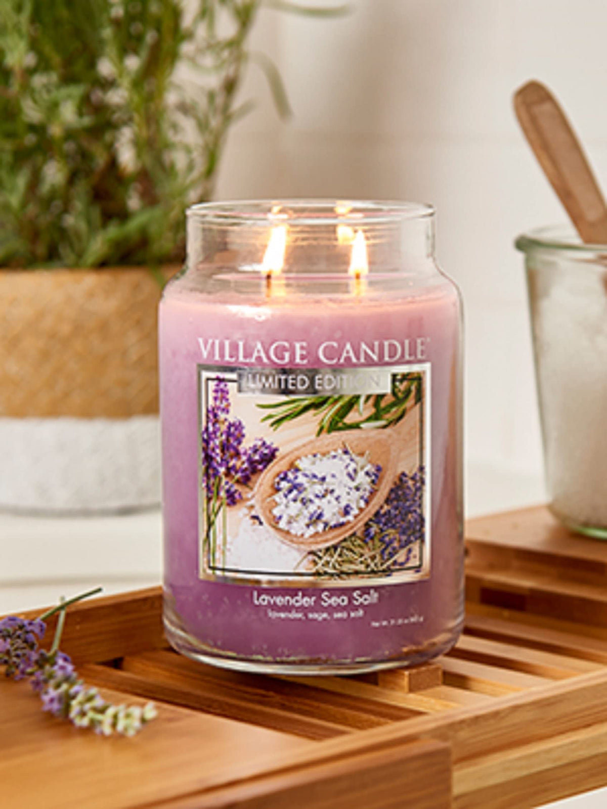 Village Candle label detail highlights premium ingredients and fragrance notes