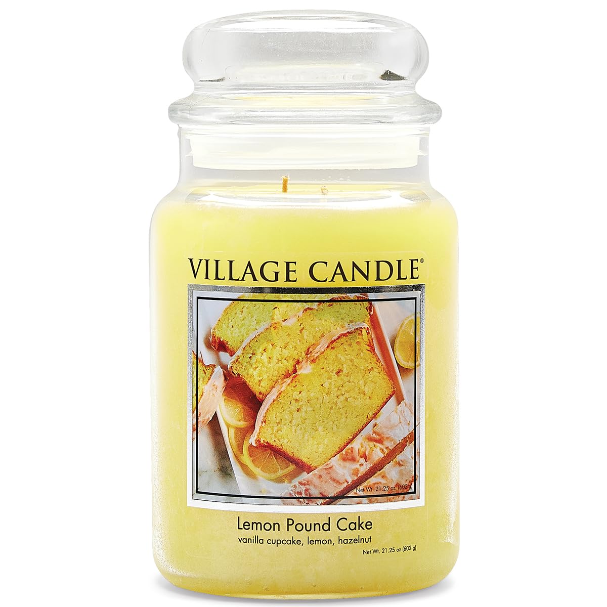 Village Candle Lemon Pound Cake jar: bright yellow glow with citrus-dessert aroma