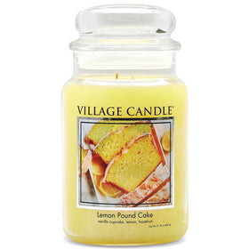 Village Candle Lemon Pound Cake jar: bright yellow glow with citrus-dessert aroma