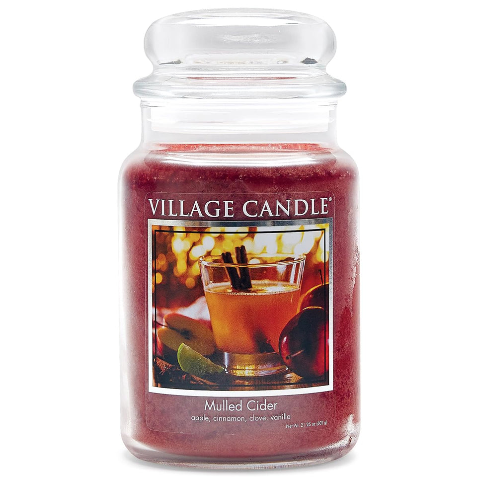 Village Candle Mulled Cider large jar front view, rich apple and spice aroma for cozy rooms.